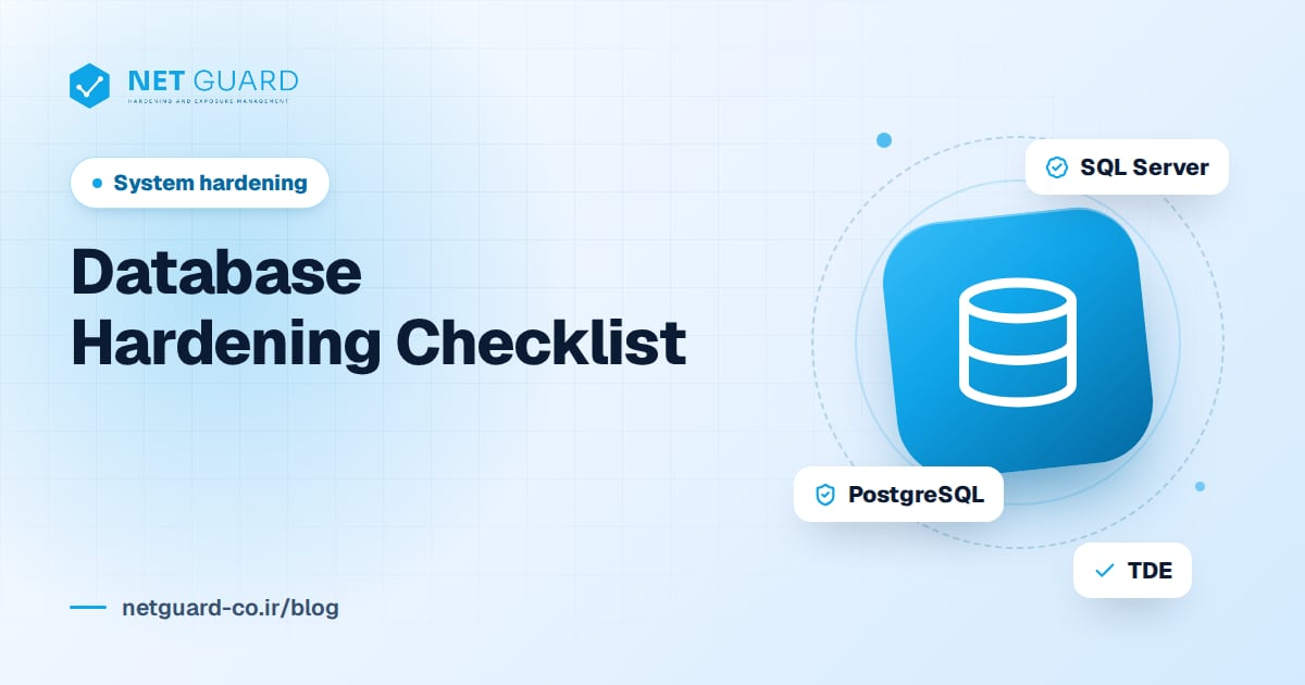 Cover illustration for a database hardening checklist covering SQL Server, Oracle, MySQL and PostgreSQL