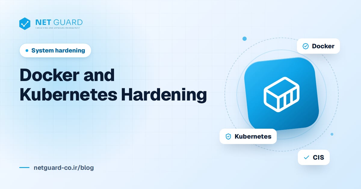Cover illustration for a Docker and Kubernetes hardening guide covering images, pods, RBAC and cluster security