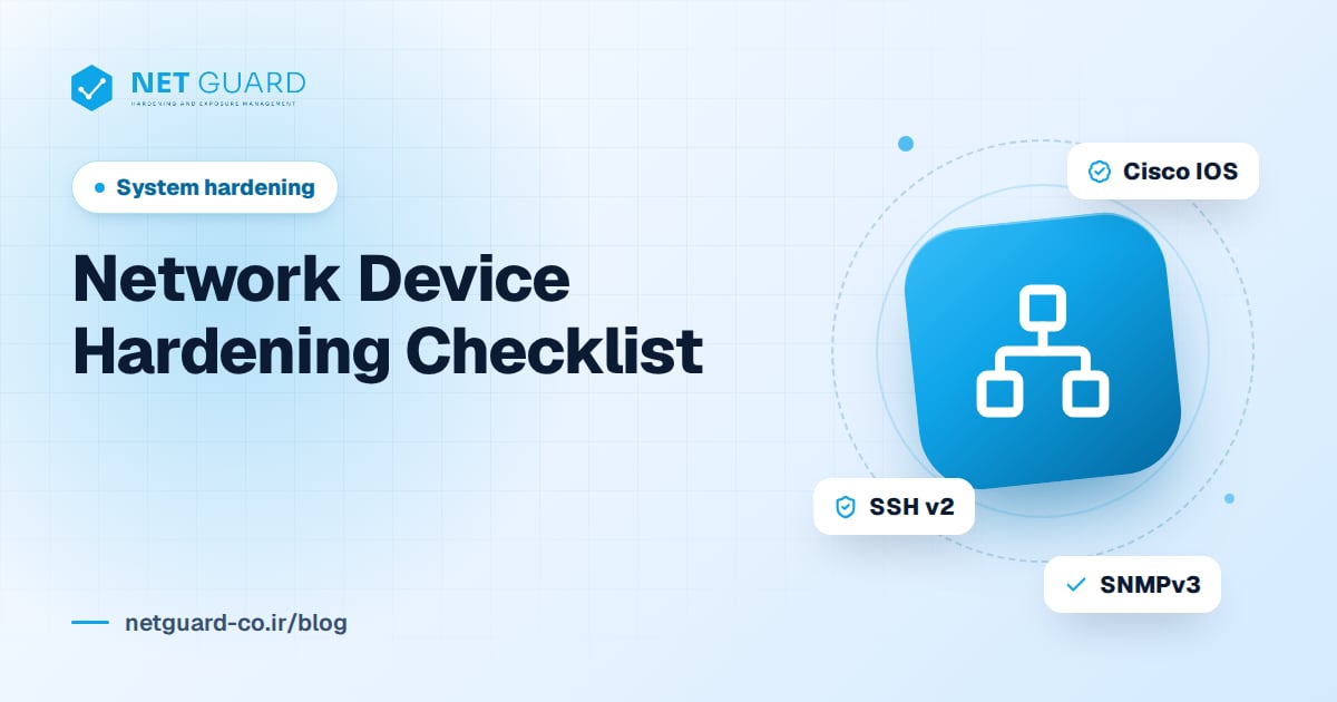 Cover illustration for a network device hardening checklist covering Cisco routers, switches and firewalls